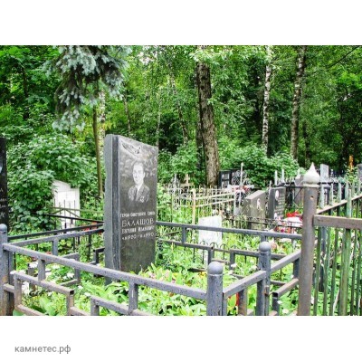 Одинарный гранитный памятник с металлической оградой